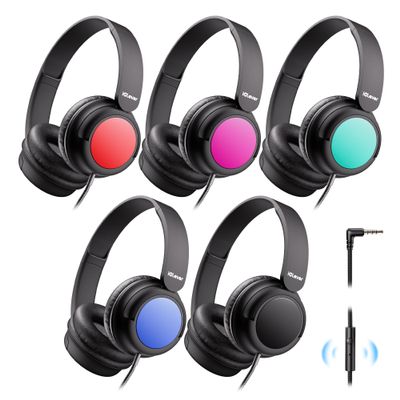 iClever Kids Headphones with Mic for School Students K-12 & Teachers, Durable PP Material, Tangle Free, Kid On Ear Head Phones with Cord Multiple Folding Options Suitable for Home/Travel, Bulk 5Pack