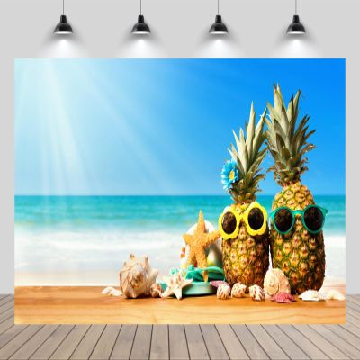 chnywork 12x8ft Summer Seaside Beach Backdrop Sunshine Pineapple Wearing Sunglasses Starfish Wooden Table Background Summer Vacation Theme Party Decorations Photo Booth Studios Props Wallpaper