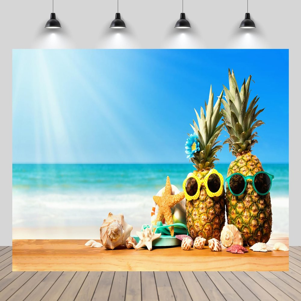 chnywork 12x8ft Summer Seaside Beach Backdrop Sunshine Pineapple Wearing Sunglasses Starfish Wooden Table Background Summer Vacation Theme Party Decorations Photo Booth Studios Props Wallpaper