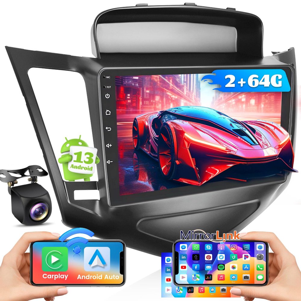 2+64GB Android Car Stereo for Chevrolet Chevy Cruze 2009-2015 Wireless Carplay Android Auto, 9 Inch Touchscreen Car Radio GPS Navi WiFi Bluetooth Backup Camera FM RDS Radio EQ SWC