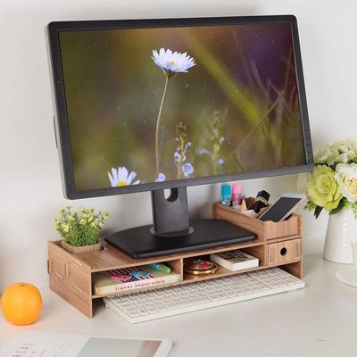 Wooden Monitor Stand with Storage, 2 Tiers Computer Screen Support Monitor Stand Riser, Modern Office Rack Desktop Shelf for Desk Home Office Room Decoration