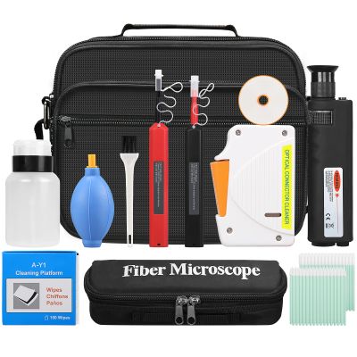 13 Piece kit Fiber Optic Cleaning Tool kit with 400x Optical Fiber Microscope Cleaner SC LC Cleaning Pen 2.5mm 1.25mm Interface Cleaning Box with Replace core Fiber Optic Cleaner kit