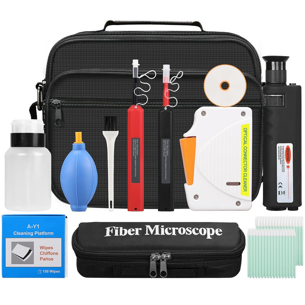 13 Piece kit Fiber Optic Cleaning Tool kit with 400x Optical Fiber Microscope Cleaner SC LC Cleaning Pen 2.5mm 1.25mm Interface Cleaning Box with Replace core Fiber Optic Cleaner kit