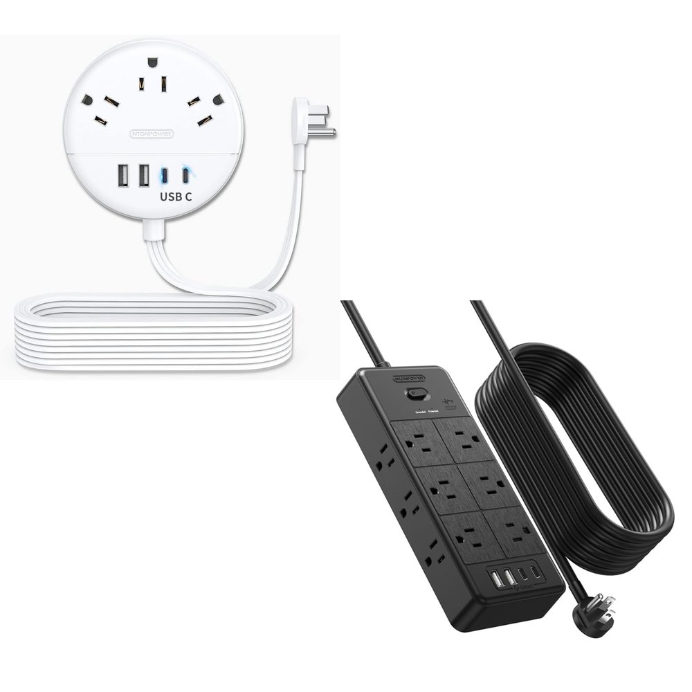 15FT Extension Cord + 10FT 4000J Surge Protector Extension Cord, NTONPOWER 7-in-1 & 16-in-1 Surge Protector Power Strip, Flat Plug, Wall Mounted, Side Outlet Extender for Home Office, Dorm Room