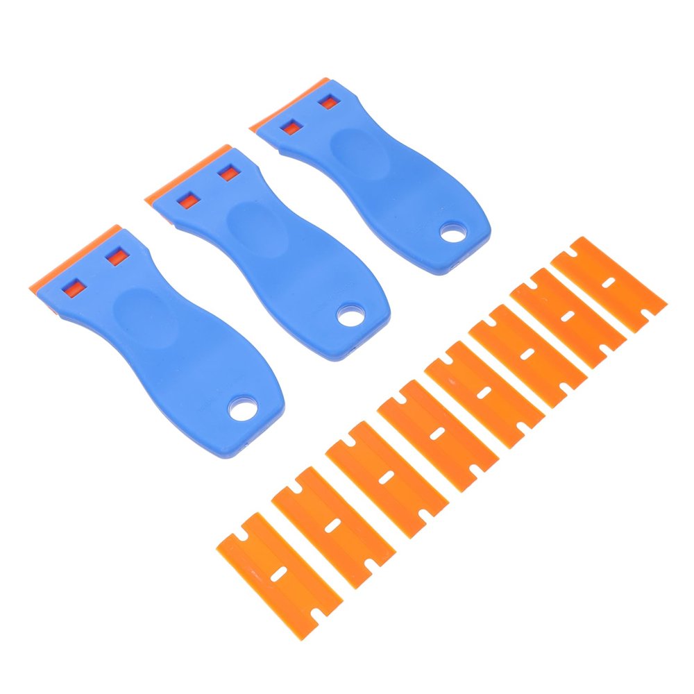 PRETYZOOM 3pcs Plastic Razor Window Decal Scraper with Replacement Blades Safe Adhesive Remover for Stickers Labels Paint and Decals Various Surfaces