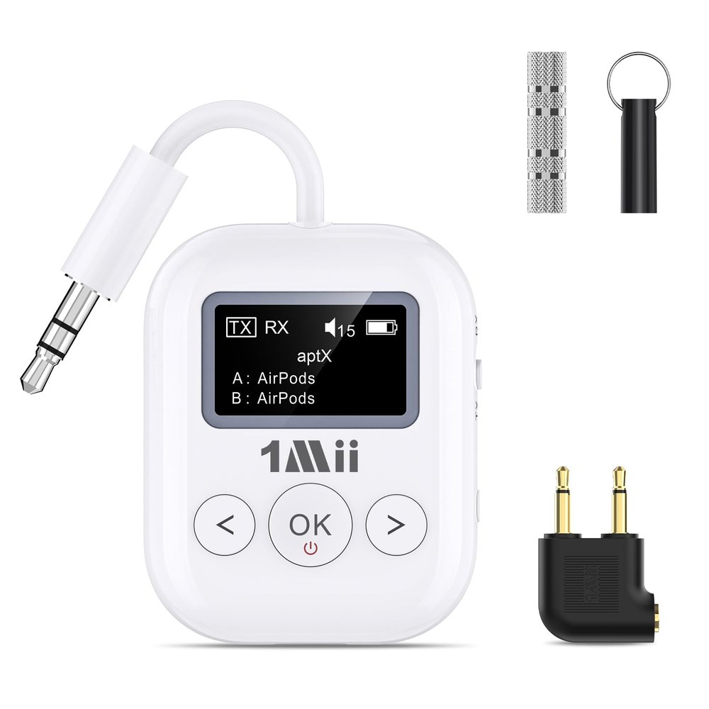1Mii SafeFly Min+ Bluetooth Transmitter and Receiver,Bluetooth Adapter for Airplane, Supports to 2 AirPods/Headphones,Use with Any 3.5mm Jack on Airplanes, Gym, TVs, Car, Home, Boat(White)