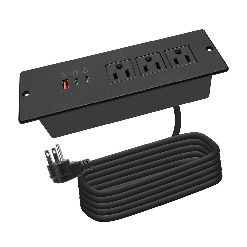 Recessed Power Strip USB C 65W,Flush Mount Desk Power Outlet 3 Outlets 3 USB (PD 65W& QC60W,) 6.56ft Heavy Duty Power Cord with Flat Plug Fast Charge Built in Desktop Power Station for Furniture