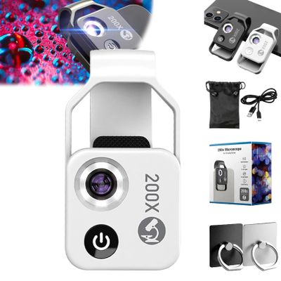 Nanozoom 200x Magnification Zoom, Nanozoom High-Tech Clip-On Lens Turns Any Smartphone Into A Pro-Microscope, Phone Microscope with CPL Lens/LED Light, 200x Pocket Microscope Camera (White)