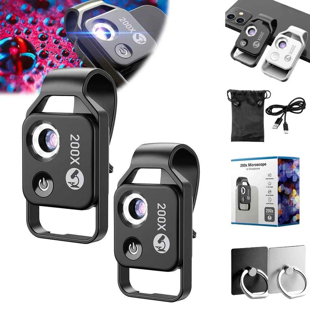 Nanozoom 200x Magnification Zoom, Nanozoom High-Tech Clip-On Lens Turns Any Smartphone Into A Pro-Microscope, Phone Microscope with CPL Lens/LED Light, 200x Pocket Microscope Camera (2pcs-Black)