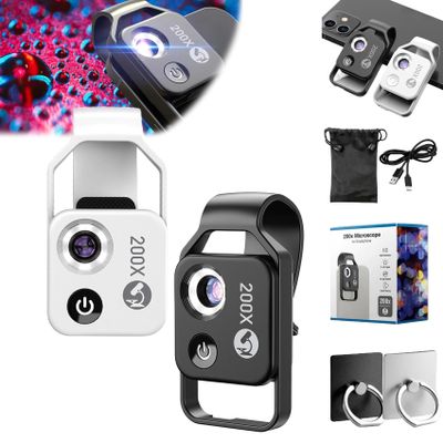 Nanozoom 200x Magnification Zoom, Nanozoom High-Tech Clip-On Lens Turns Any Smartphone Into A Pro-Microscope, Phone Microscope with CPL Lens/LED Light, 200x Pocket Microscope Camera (2pcs)