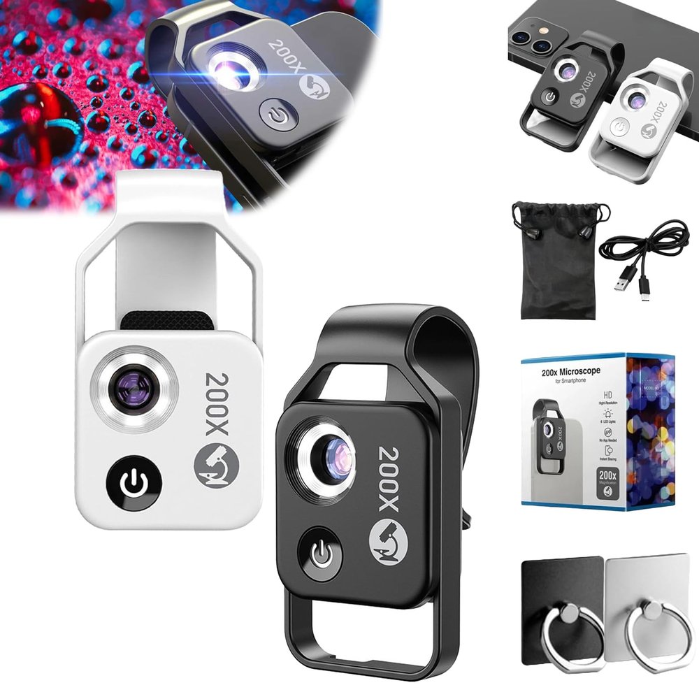 Nanozoom 200x Magnification Zoom, Nanozoom High-Tech Clip-On Lens Turns Any Smartphone Into A Pro-Microscope, Phone Microscope with CPL Lens/LED Light, 200x Pocket Microscope Camera (2pcs)