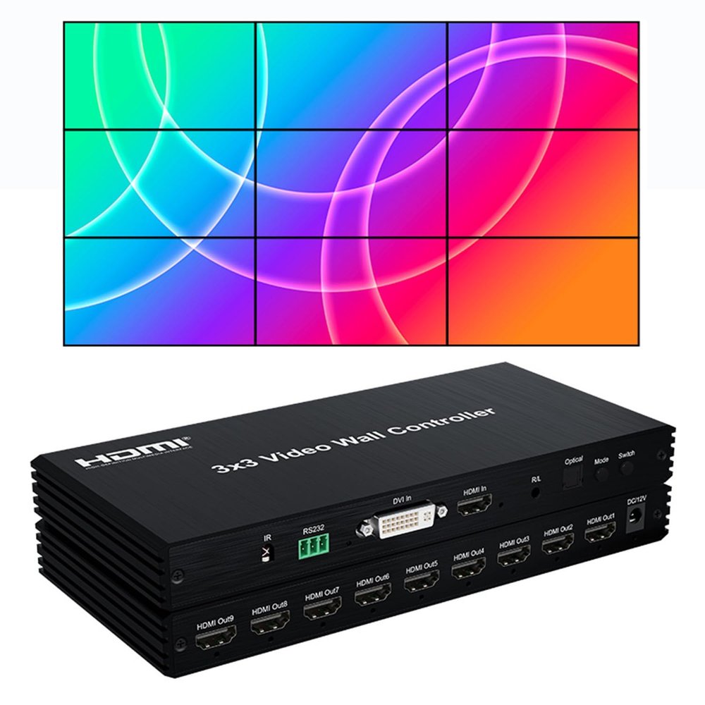 Video Wall Controller 33 HDMI Video Wall Splicing Processor 1080P 9-Channel TV Wall Processor 3x1 3x2 21 2x2 2x3 2x4 Multi-Video Processor with Output Audio IR RS232 Buttons Push for 9 Screens