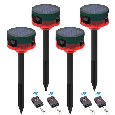 ChunHee Solar Motion Sensor Alarm Outdoor, Dog Barking & Gunshot Sounds & Recording, 360Motion Detector Alarm,129dB Loud Siren,3 Work Modes Activated Strobe Light with Remote 4Pack