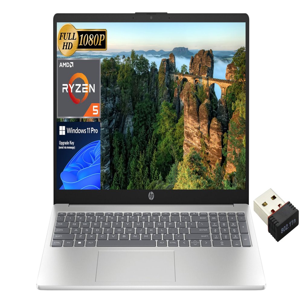 HP 2024 Newest Business Laptop, 15.6 Inch FHD Display, AMD Ryzen 5-7520U(4-core), 16GB DDR5, 256GB SSD, AMD Radeon Graphics, HD Webcam, Wi-Fi 6, Fast Charge, Windows 11 Pro, with USB WiFi Adapter
