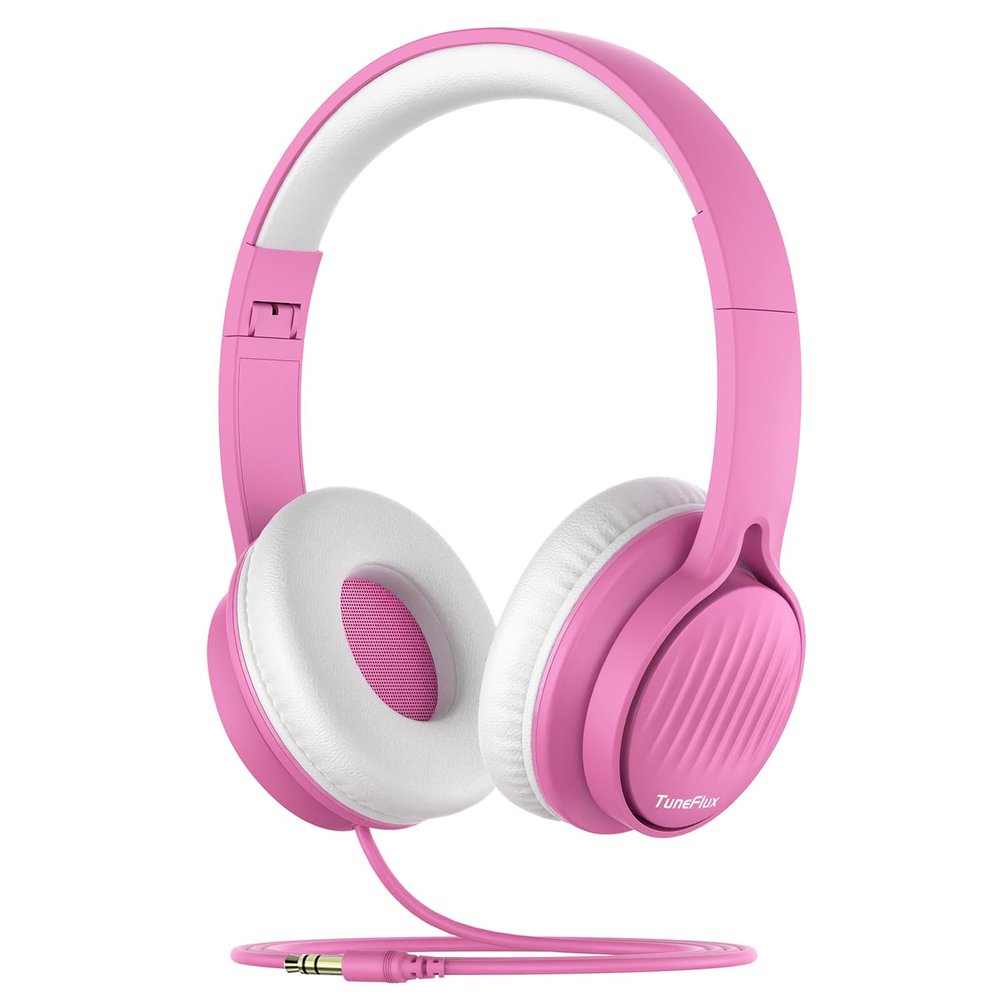 TuneFlux Upgraded Kids Headphones, Wired Toddler Headsets, 85dB Limited Volume On Ear Headphones, Portable Foldable Design, Stereo Sound Kids Headsets for School/Tablet/Travel-Pink