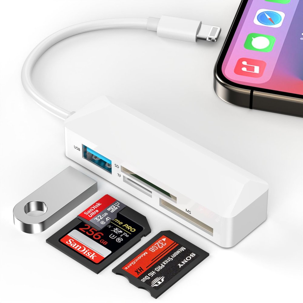 4-in-1 Lightning to SD Card Reader for iPhone,[Apple MFi Certified] USB OTG Adapter & SD/TF/MS Memory Card Reader,Support SD/TF/MS Cards Trail Camera Viewer for iPhone 14 13 12 11 XS XR X 8 iPad