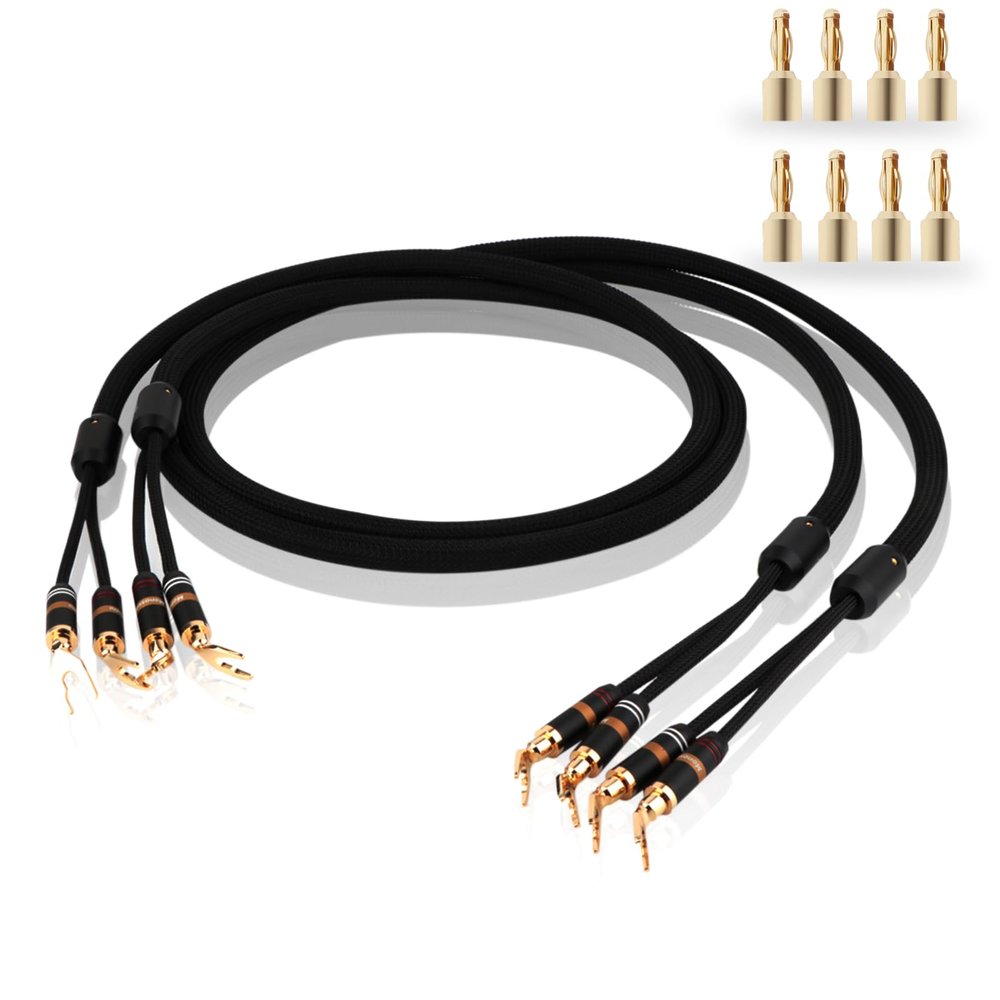 Monosaudio 12 Gauge Speaker Cable Pair Speaker Wire with Banana Plugs/Y Spade Connectors Convertible Gold Plated OFC Copper for Amplifier/Speakers/AV Receiver/Home Stereo Sound Systems(1.5M)