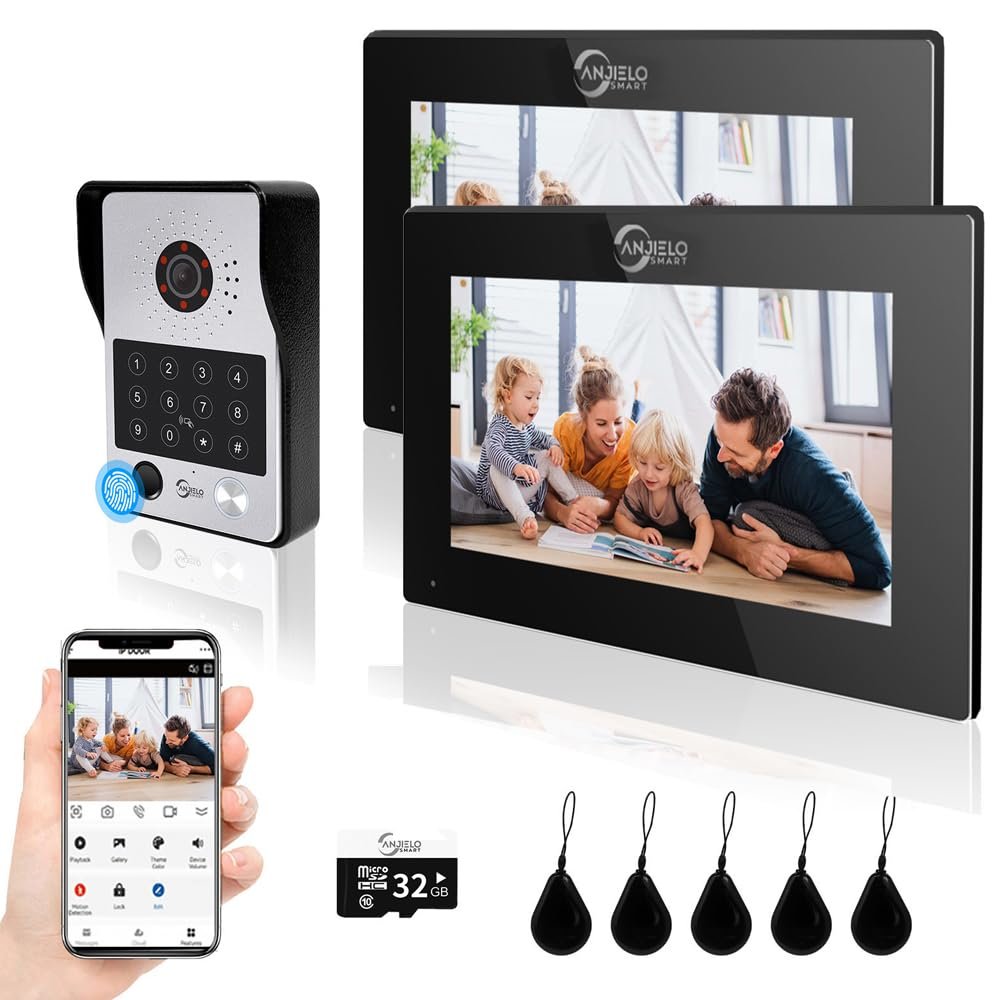 ANJIELO SMART Wired Video Door Phone Apartment Intercom System,2 Unit 7 Inch Touch Monitor with 1080P HD Camera Doorbell,Supporting Fingerprint,RFID Card,Password Unlocking for Home Villa,Tuya