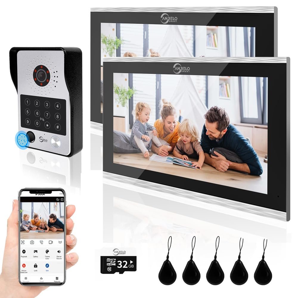 ANJIELO SMART Wired Video Door Phone Apartment Intercom System,2 Unit 10 Inch Touch Monitor with 1080P HD Camera Doorbell,Supporting Fingerprint,RFID Card,Password Unlocking for Home Villa,Tuya