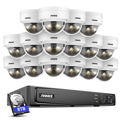 ANNKE PoE Security Camera System, 16CH 12MP 5-in-1 NVR Recorder, 16X 12MP Mega HD Color Night Vision Built-in Mic Dome Cams (NOT PTZ), 2.8mm Lens, IP67, AI Motion Detection, Work with Alexa, 8TB HDD