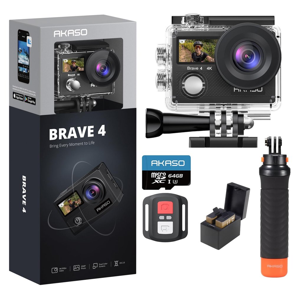 AKASO Brave 4 Action Camera with 64GB U3 SD Card and Waterproof Floating Hand Grip