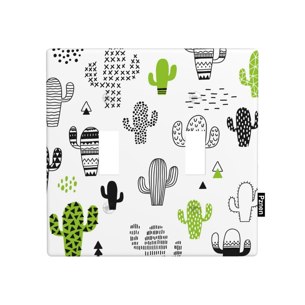 Pznen Decorative Cactus Botanical 2-Gang Double Toggle Wall Plate, Green Succulent Plant Light Switch Cover Plates 4.5"x 4.5" for Living Room Kitchen Garden Decor