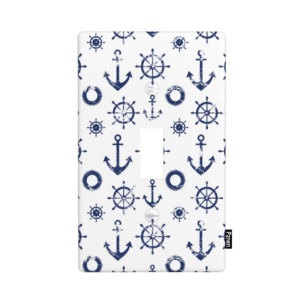 Pznen Nautical Blue Anchor Light Switch Cover Beach Ocean Coast Navy Blue Single Toggle Wall Plate 1 Gang Switchplate Home Decor for Bedroom Bathroom 4.5"x 2.76"