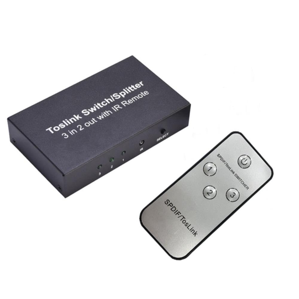 DirectNine Basics for 3 Port Optical Switcher with 2 Way Spdif Toslink Optical Digital Audio Splitter 3 in 2 Out with IR Remote Control Switch, 6924023034627