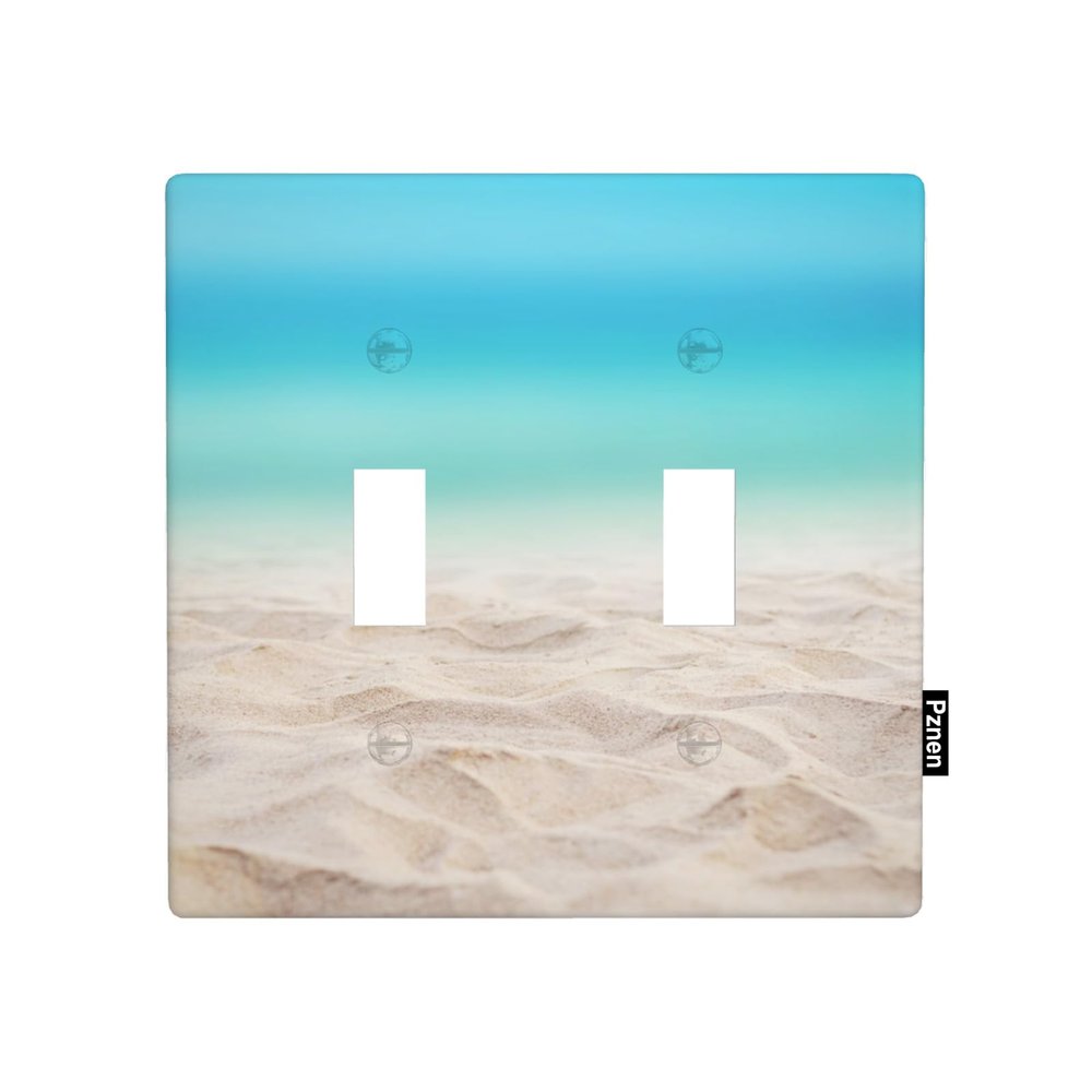 Pznen Decorative Summer Beach Ocean 2-Gang Double Toggle Wall Plate, Sand Sky Blue Seaside Light Switch Cover Plates 4.5"x 4.5" for Bedroom Bathroom Living Room