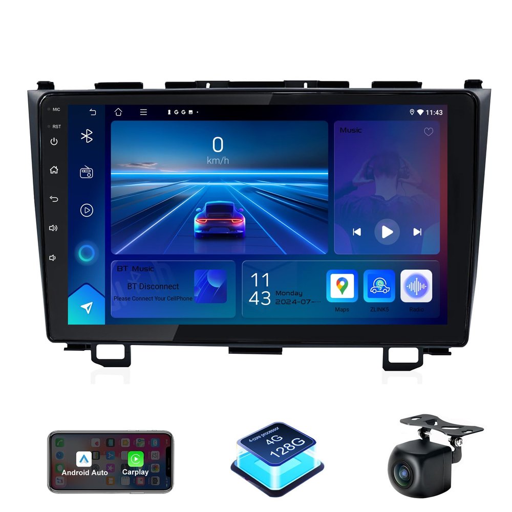 4+128G Car Stereo for Honda CRV 2007-2011 with Carplay Android Auto, 9'' Touch Screen Car Radio with GPS Navigation, Bluetooth, AHD 1080P Backup Camera, FM/RDS Radio and DSP/WiFi