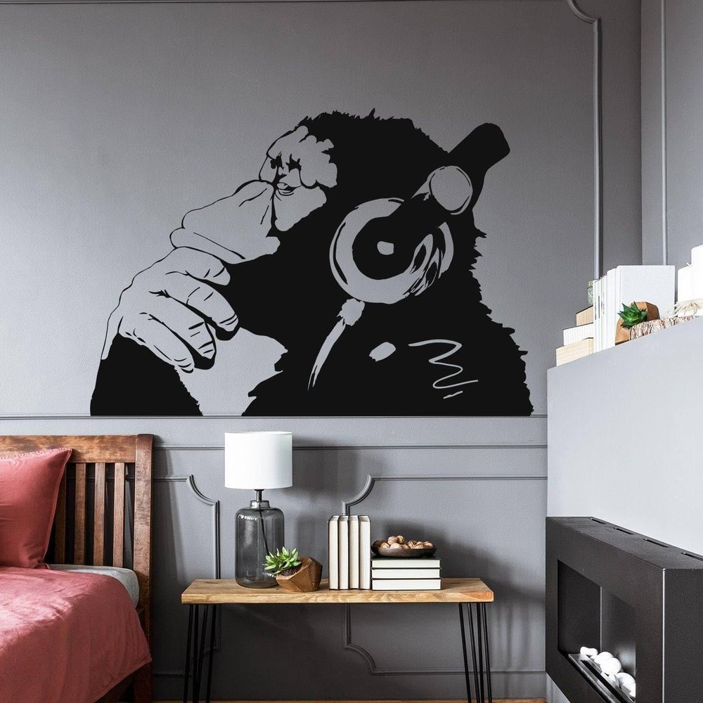 Contemplative Primate Wall Art Sticker, Vinyl Peel & Stick Room Mural Feature 16 x 11