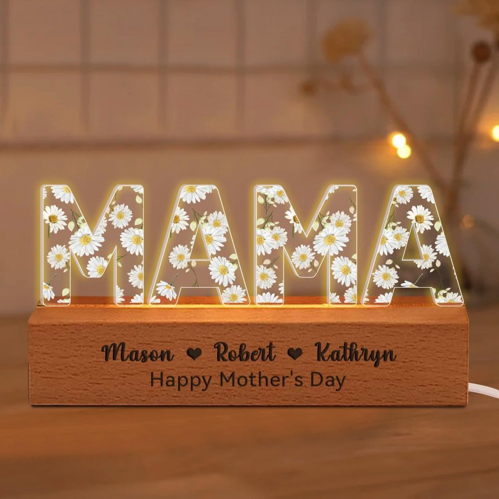 SweetJECCU Personalized Mom Flower Acrylic LED Lamp, Custom Grandchildren Names Night Light Acrylic Engraved Night Lamp, Customized Mother's Day Gifts for Mom Grandma from Daughter Son (Style 2)
