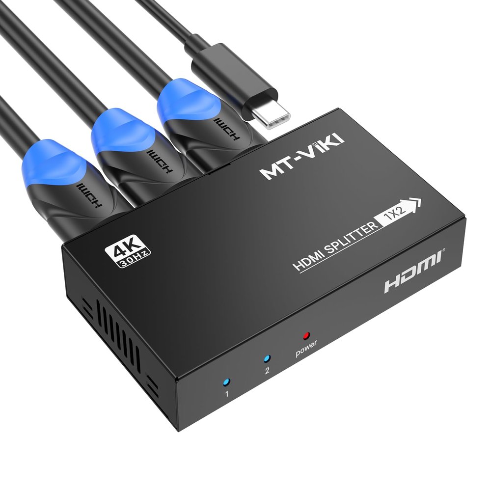 MT-VIKI Upgraded 4K HDMI Splitter 1 in 2 Out, 1x2 Slim Powered HDMI Splitter for Dual Monitors, 4K@30Hz, Duplicate/Mirror for PS4 Fire Stick HDTV