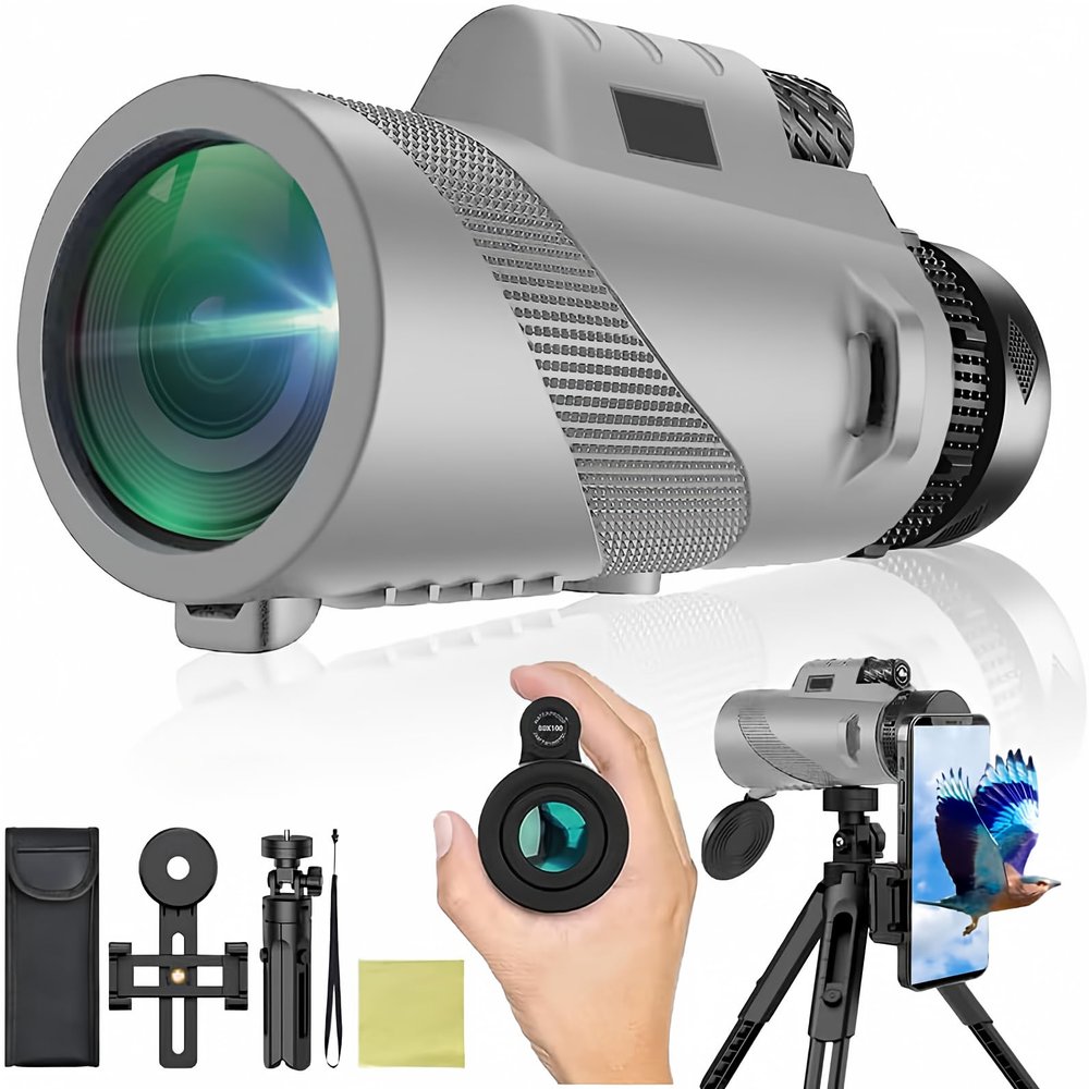 80x100 Monocular Telescope High Power Monocular for Adults with Smartphone Adapter, HD Compact Monocular BAK-4 Prism for Bird Watching, Camping, Hunting, Hiking