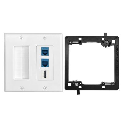 2 Gang Brush Wall Plate, 2-Port Ethernet and 1-Port HDMI, Cat6 RJ45 Keystone Jack Blue with Low Voltage Mounting Bracket for Speaker Wires, Ethernet, HDMI, Coaxial, Power Cords Cable Pass Through