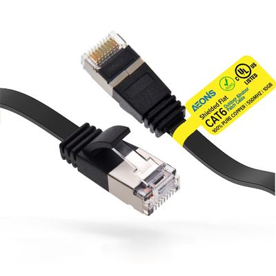 AEONS Cat 6 Flat Shielded Ethernet Patch Cable 1 ft Outdoor Indoor 10Gbps Support Cat7 Cat8 Network Slim Internet RJ45 LAN Cord Cat6 High Speed Computer Wire Gaming, UL Listed, Black