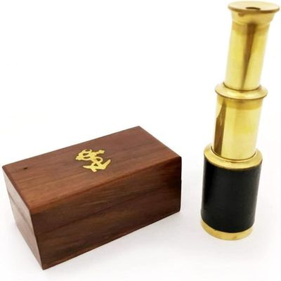 Brass Handheld Telescope with Wooden Box - Pirate Navigation with Anchor Wooden