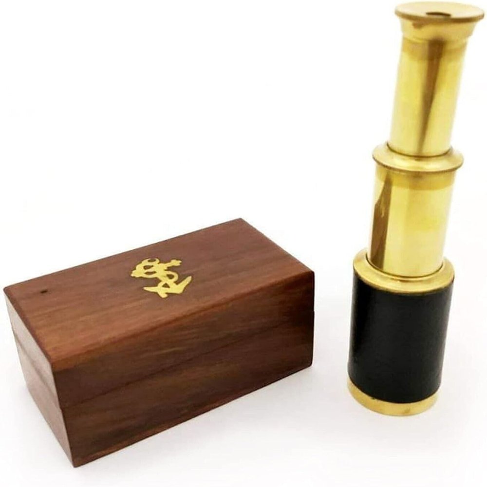 Brass Handheld Telescope with Wooden Box - Pirate Navigation with Anchor Wooden