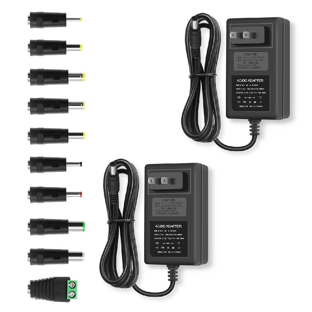 12V 3A DC Power Supply Adapter, AC/DC Adapter Cord with 5.5mm x 2.5mm DC Pug & 10 Sizes of Tips, 12 Volt 3 Amp Power Adapter