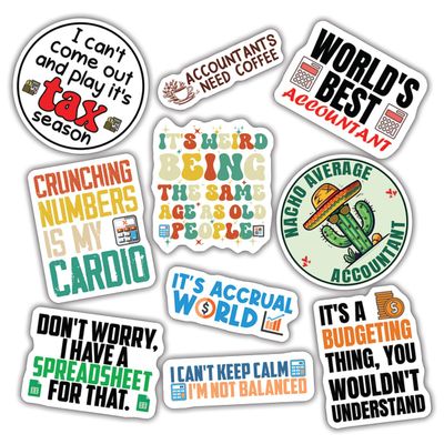 10pcs Accountant Stickers Sheet Funny CPA Gift Tax Season Accounting Spreadsheet Vinyl Decal Multiple Design, Waterproof, UV-Resistant, for Water Bottle, Scrapbook, Laptop, Car (Design 1)