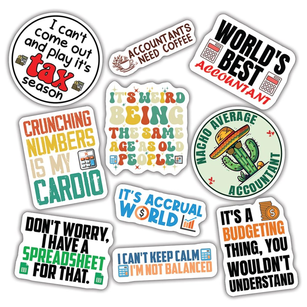 10pcs Accountant Stickers Sheet Funny CPA Gift Tax Season Accounting Spreadsheet Vinyl Decal Multiple Design, Waterproof, UV-Resistant, for Water Bottle, Scrapbook, Laptop, Car (Design 1)