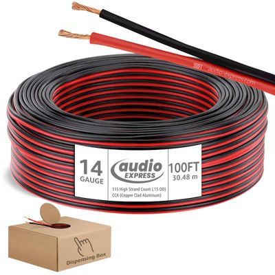Audio Express 100ft 14-Gauge Audio Stereo Speaker Wire Cable,100 Feet,30.48 Meters,2 Conductor,Flexible Red-Black PVC, CCA,Dispensing Box,Home Theater, HiFi,Auto,Hook-Up,117 High Strand Count (.15 OD)