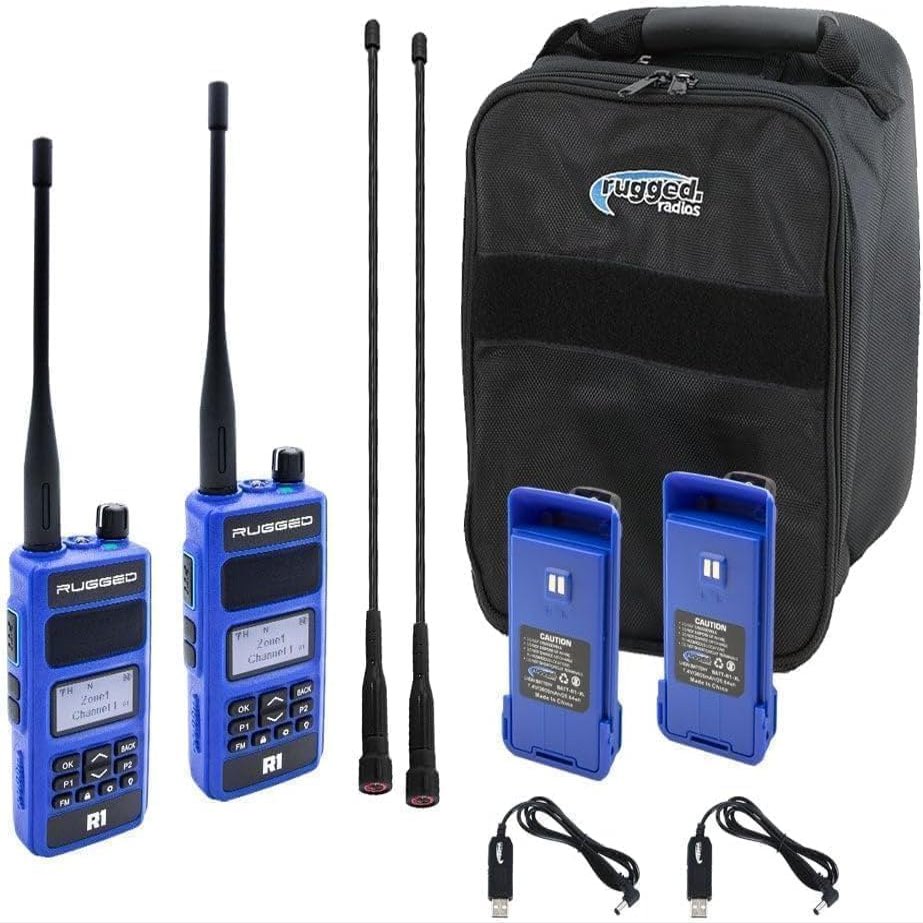 Rugged Radios Ready Pack Two Way Handheld Radio Walkie Talkie is Easy to Grab and Ready for Any Emergency, Road Trip or Adventure. R1 2 Pack with Accessories