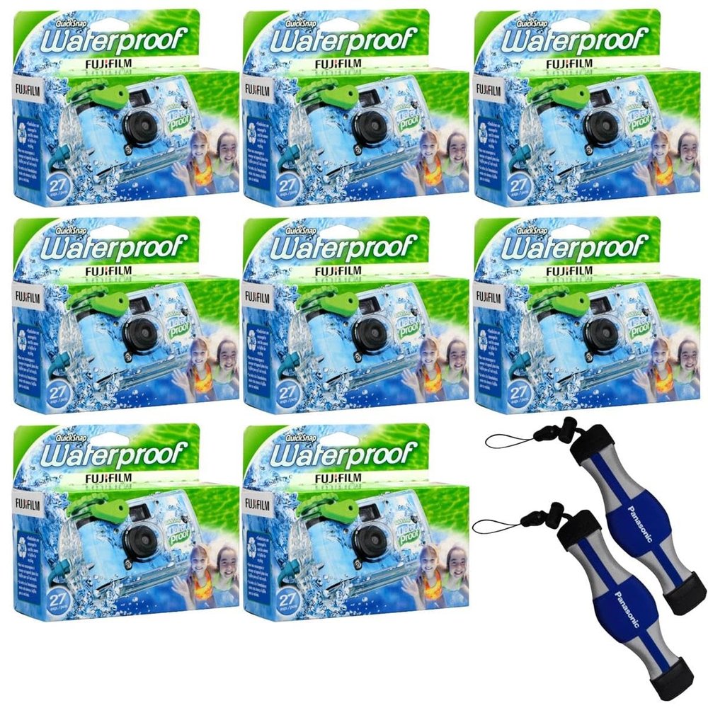 Fujifilm 8-Pack QuickSnap 800 Waterproof 35mm One-Time-Use Disposable Camera, 27 Exposures with Panasonic Floating Camera Strap, 7025227