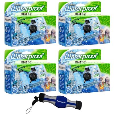 Fujifilm 4-Pack QuickSnap 800 Waterproof 35mm One-Time-Use Disposable Camera, 27 Exposures with Panasonic Floating Camera Strap, 7025227
