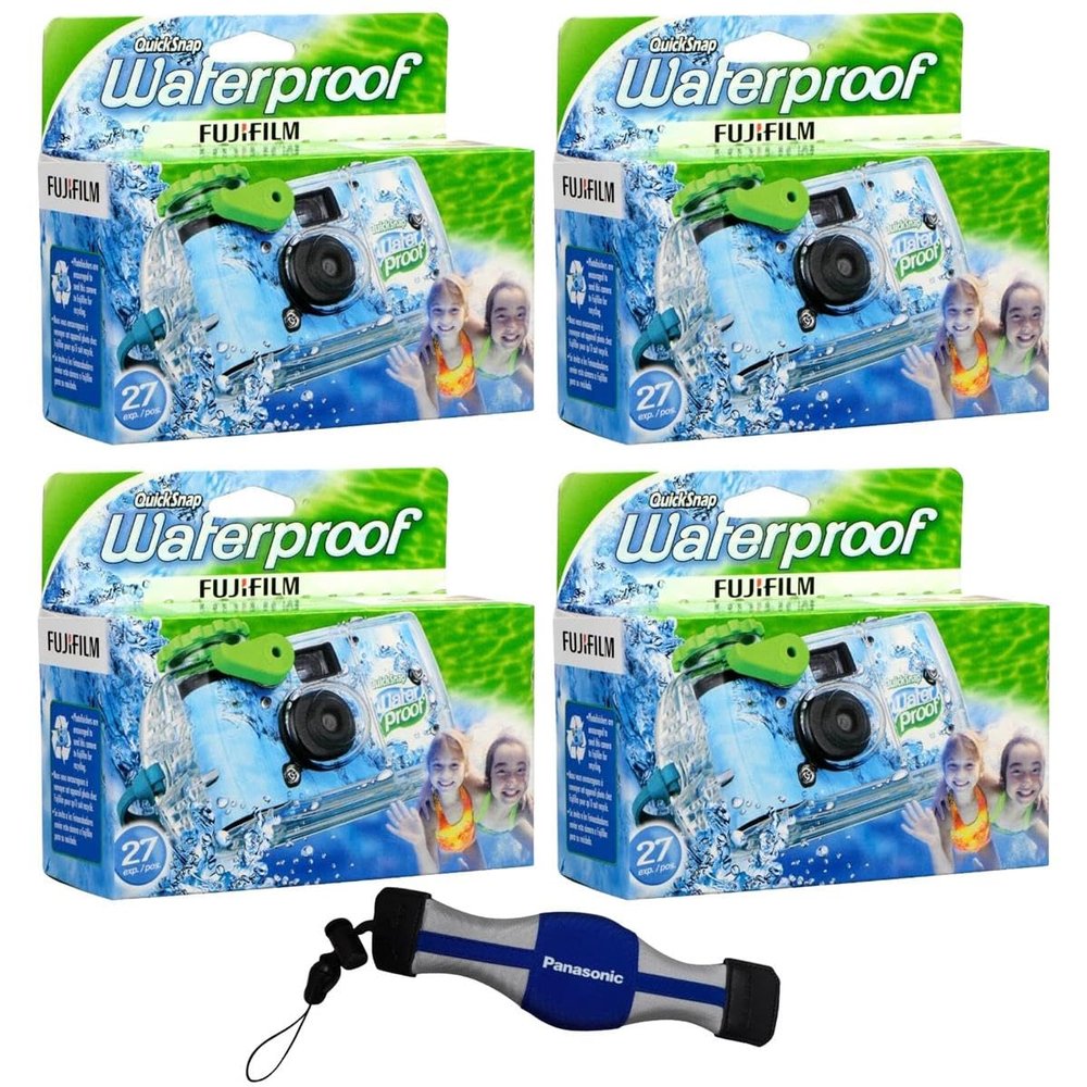 Fujifilm 4-Pack QuickSnap 800 Waterproof 35mm One-Time-Use Disposable Camera, 27 Exposures with Panasonic Floating Camera Strap, 7025227