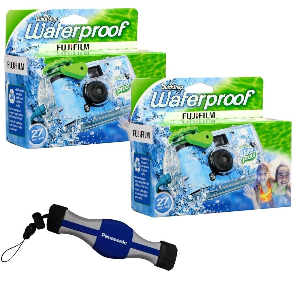Fujifilm 2-Pack QuickSnap 800 Waterproof 35mm One-Time-Use Disposable Camera, 27 Exposures with Panasonic Floating Camera Strap, 7025227