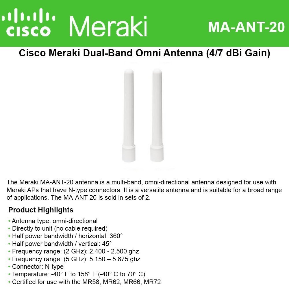 Cisco Meraki Dual-Band Omni Antenna (4/7 dBi) for MR66 & MR72 access points, 2-Pack Antenna Kit (Renewed)