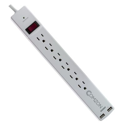 CableWholesale 6 Foot Surge Protector w/2 USB Ports(2.4 Amp), Flat Rotating Plug, 6 Outlet, White Horizontal Outlets, Plastic, Power Cord 6 Foot
