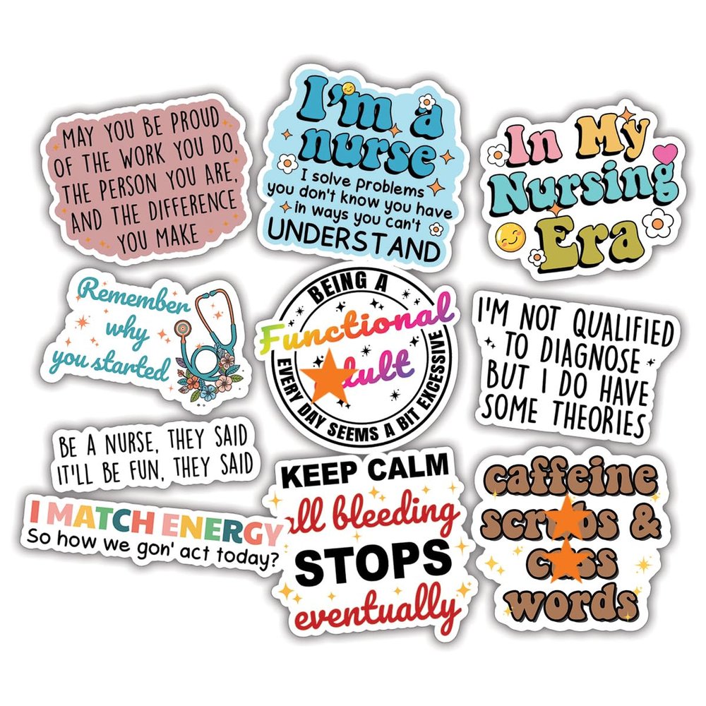 10pcs Nurse Sticker Sheet, Cute Vinyl Decals for Nurses, Nursing Students, Healthcare Workers, Appreciation Gifts, Waterproof, UV-Resistant, for Laptop, Water Bottle, Notebook, Mirror (Design 1)